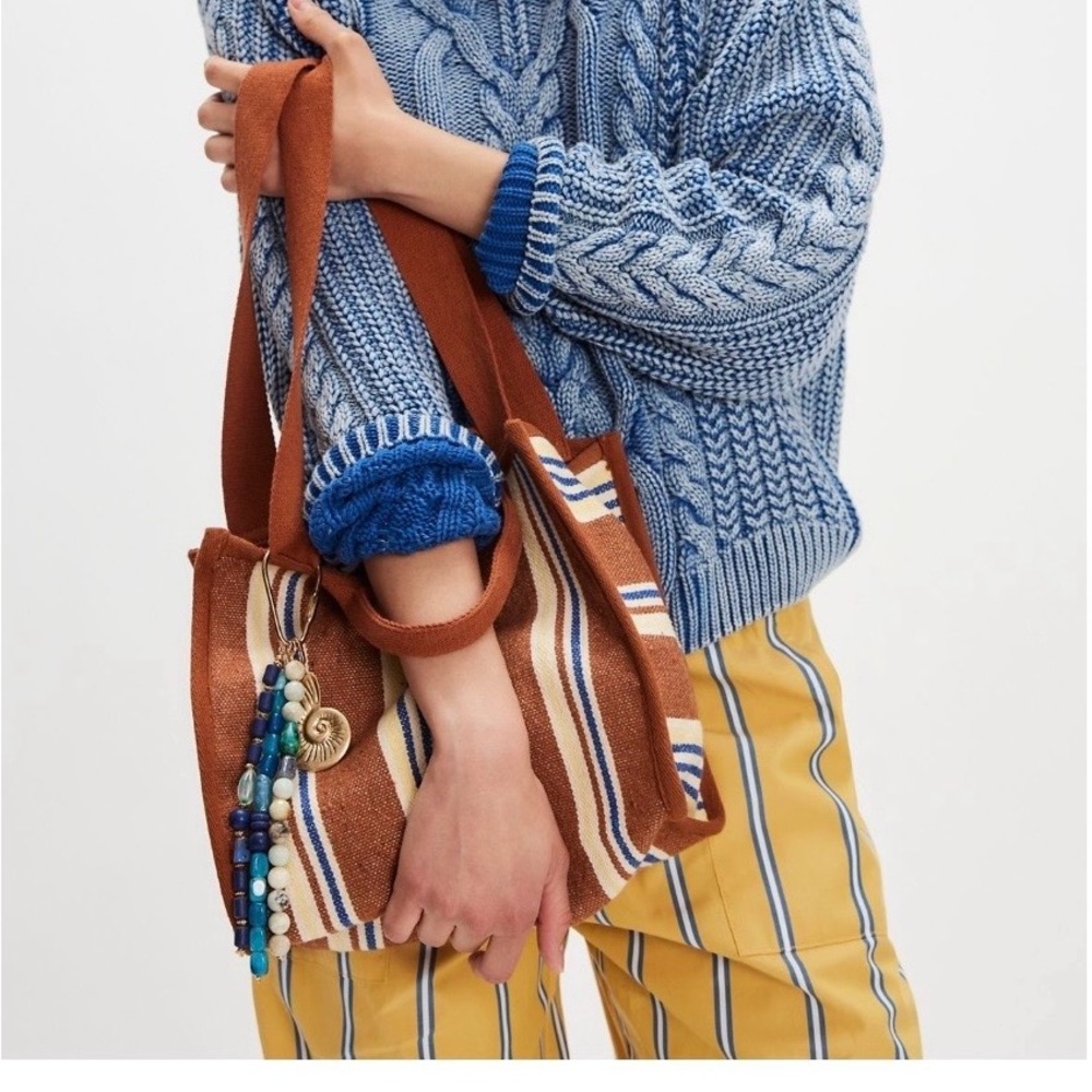 Free People Brown and Cream Striped Canvas Tote with Bead Charm